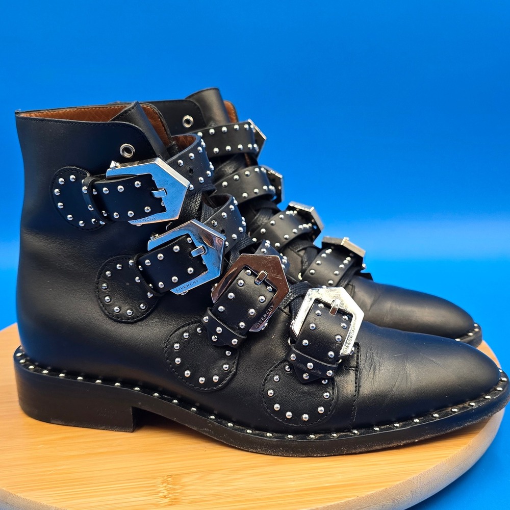 Givenchy Elegant Studded Leather Multi-Buckle Ankle Boots Black Size 37 US 7